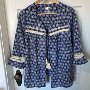 Kimono Embroidered Lace trim Boho Top Size Large